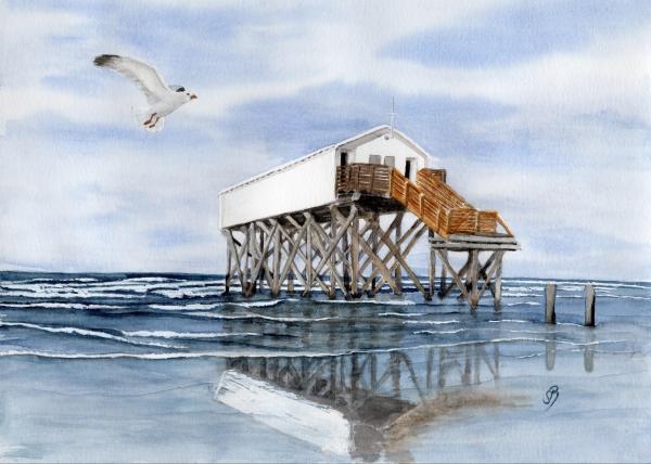Poster DIN-A3  Aquarell Maritim Kunst Druck Kunstdruck Nordsee St. Peter Ording SPO Westerhever Pfahlbau Pfahlbauten Meer Strand